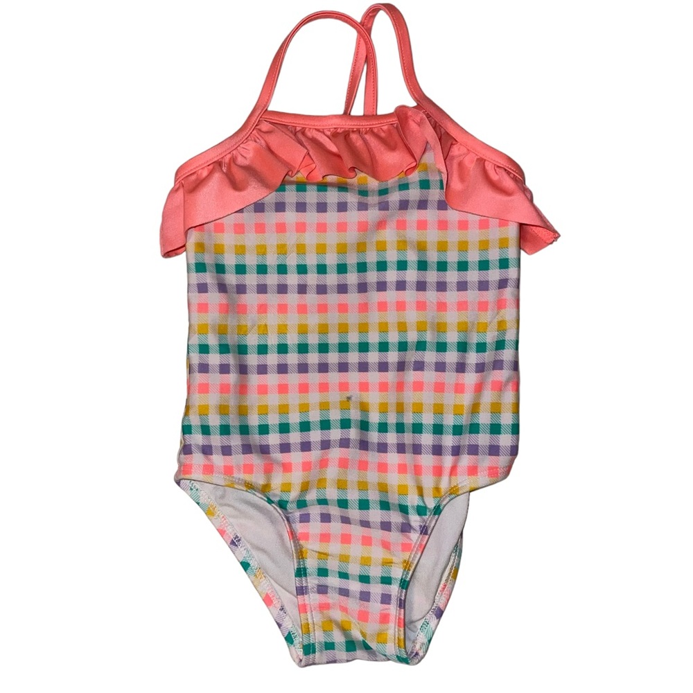Cat & Jack One Piece Swimsuit Toddler Size 3T Ruffled Detail Multi Colored Check